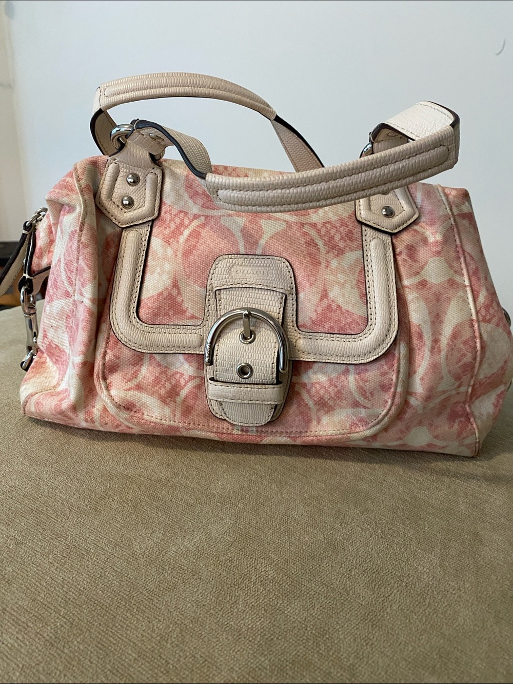 Coach Women’s Pink Patterned Shoulder Bag with Cream Trim